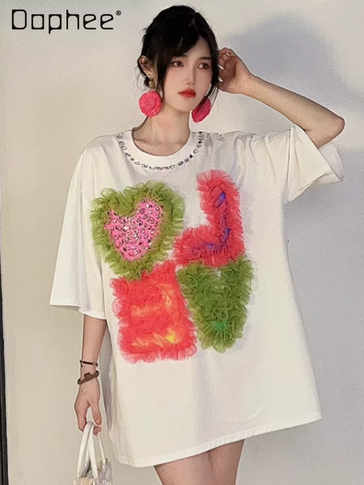 T-shirt d'amour de couture de maille de biscuits exquis pour des femmes, haut décontracté tout assre