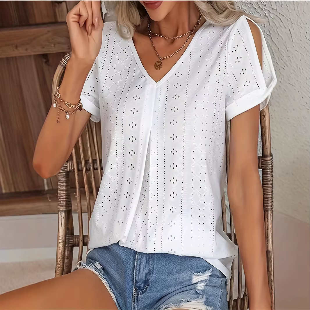 Nouveau 2025 femmes t-shirt été mode Blouses hauts grande taille décontracté couleurs unies évider c
