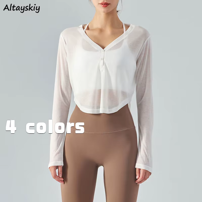 T-shirt à manches longues et col en v pour femme, vêtement Simple et Simple, résistant au soleil