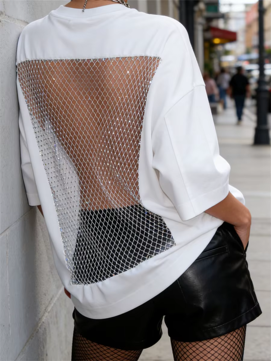 T-shirt ample pour femmes, dos nu, en maille filet, à manches courtes, décontracté, mode estivale