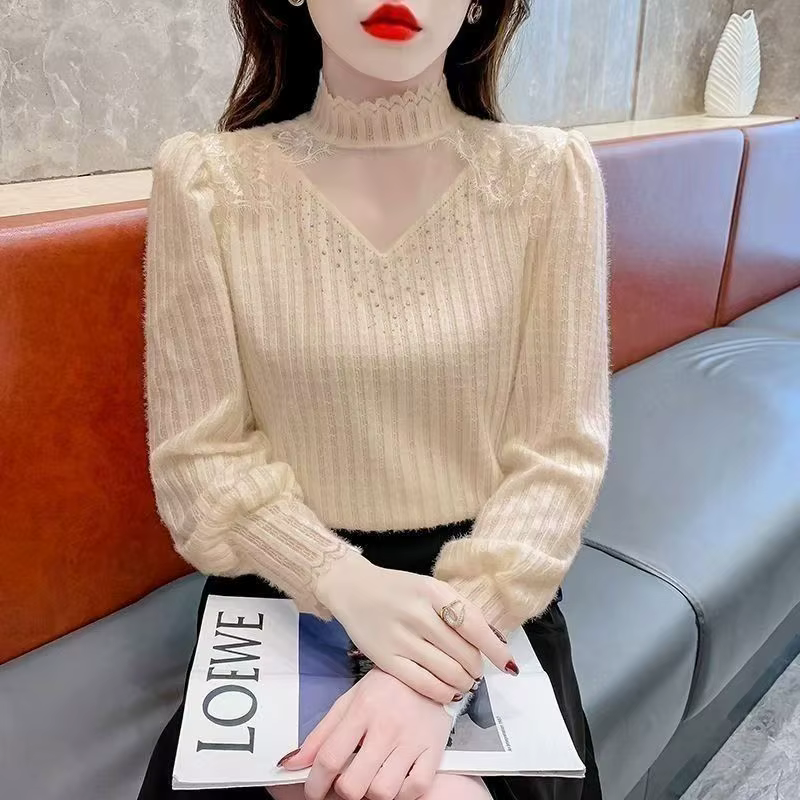 Chemise à demi-col roulé en dentelle brossée pour femmes, haut rétro à la mode, nouveau Style étrang