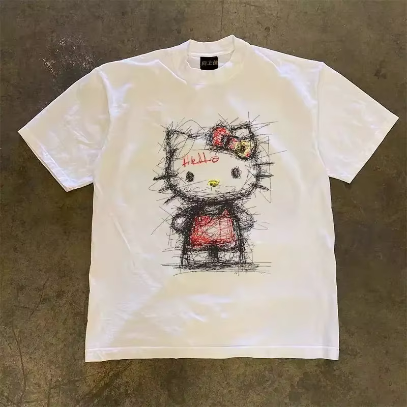 T-shirt pour homme, coton pur, marque tendance, imprimé Hello Kitty, t-shirt à manches courtes pour 