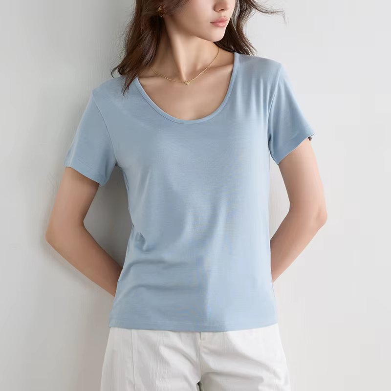 T-shirt en Lyocell pour femme, col en U, manches courtes, coupe slim, basique, décontracté, été