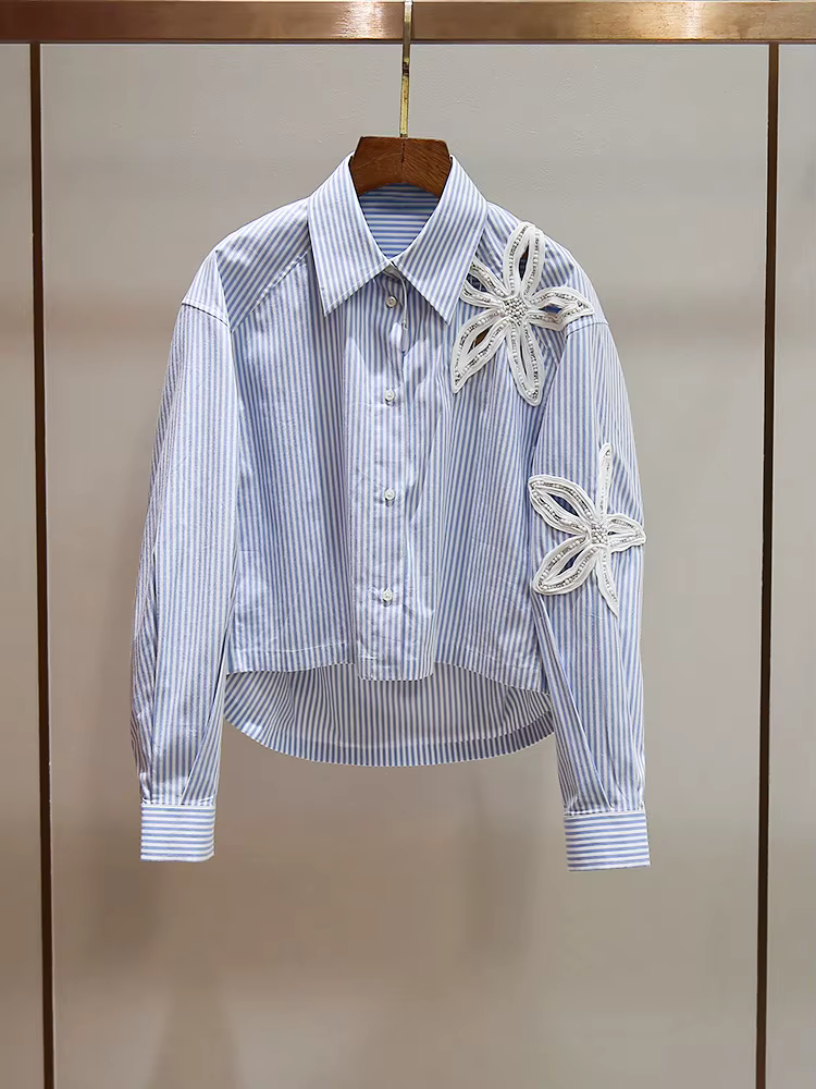 Polo à manches longues pour femmes, ajouré, dentelle florale, col perlé, rayures irrégulières, nouve