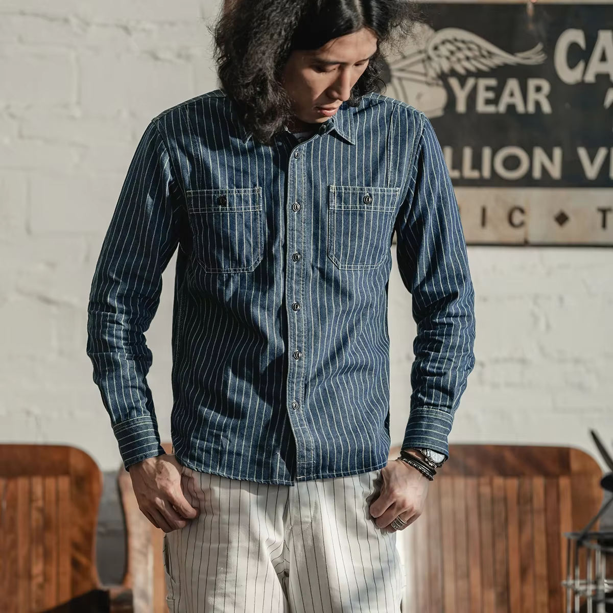 Wabash-Chemise rayée à pois pour homme, chemise de travail boutonnée, style vintage, non stock