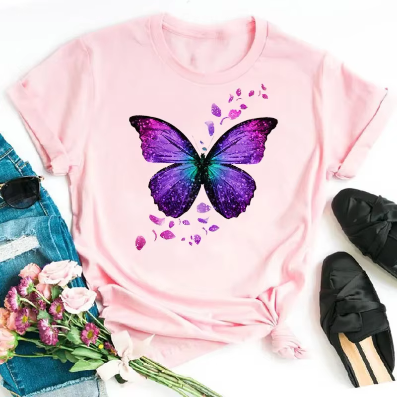 T-Shirt imprimé de pétales de papillon colorés pour femmes, manches courtes, col rond, t-shirts grap