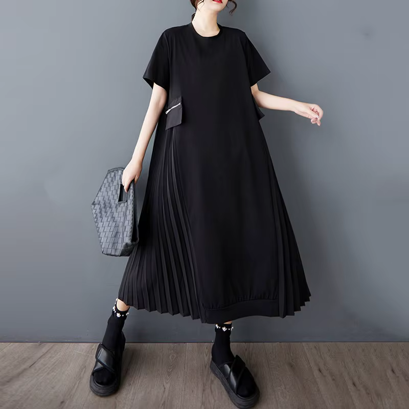 Manches courtes surdimensionné vintage noir plissé nouveau en robes pour femmes décontracté ample lo