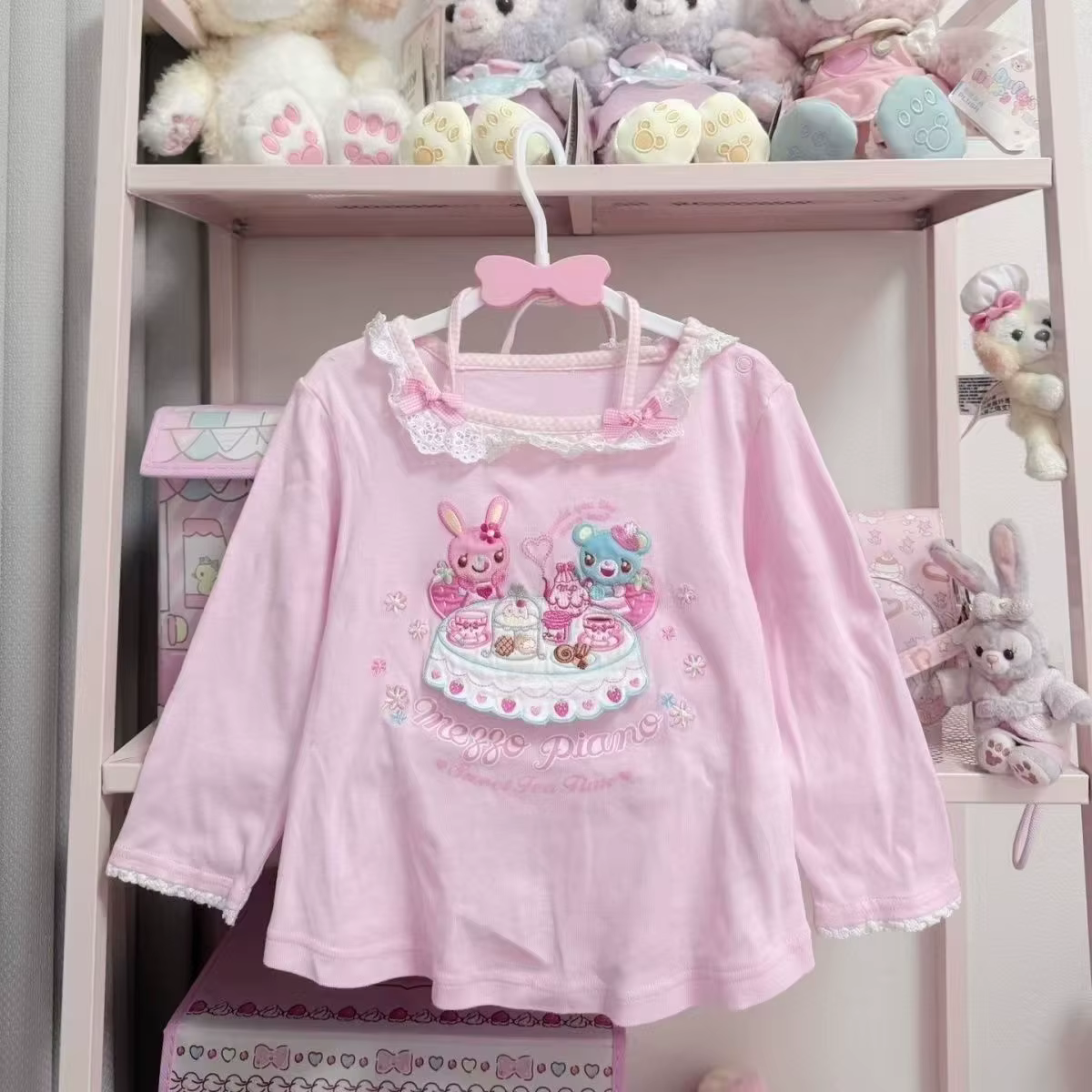 Japonais Kawaii dessin animé graphique imprimé T-shirts femmes rose doux dentelle couture hauts sous