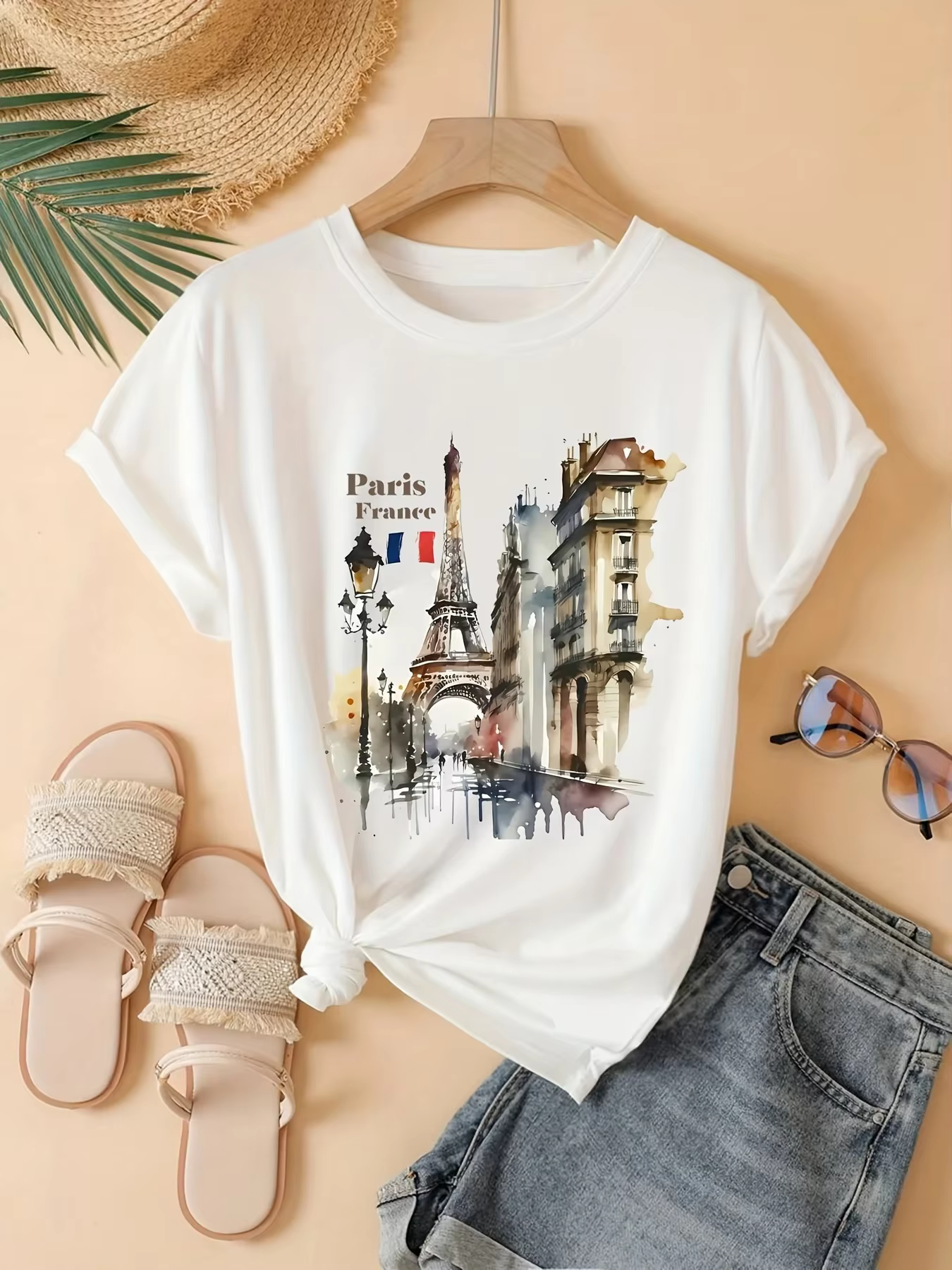 T-Shirt imprimé aquarelle pour femmes, Collection de manches décontractées, Souvenir parfait de Pari