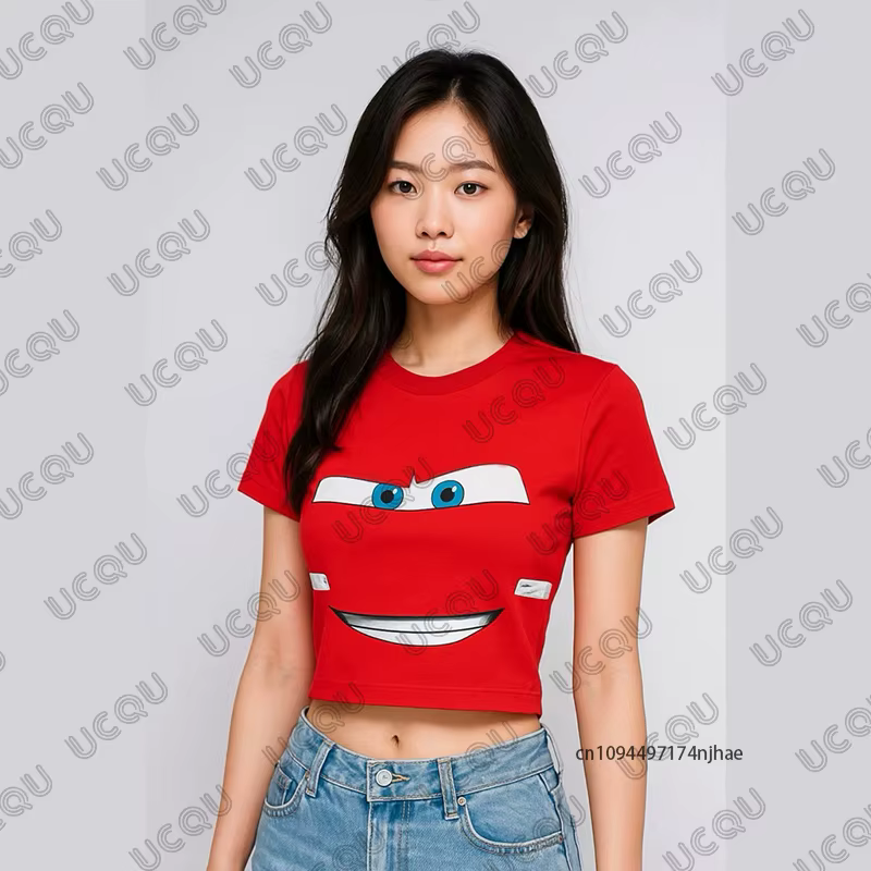 Été nouveau Lightning Mcqueen imprimé T-shirt pour femmes corée Sle à manches courtes haut court Str