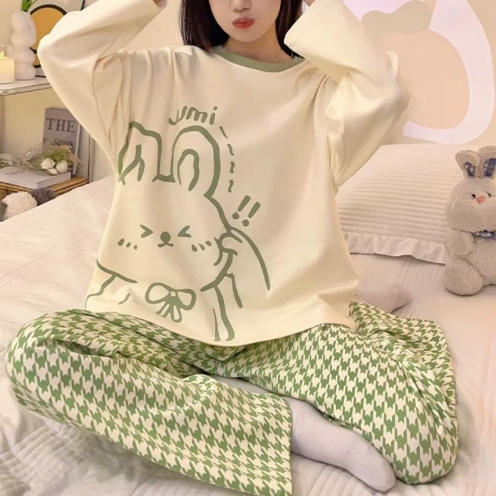 Pyjama deux pièces à manches longues pour femmes, coupe ample, grande taille, en coton, tissu doux,