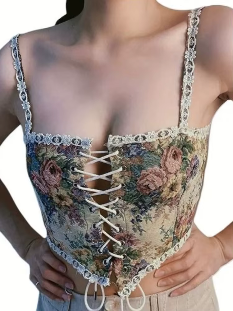 Style français Vintage élégant femmes vêtements Chic Design Floral coupe ajustée Camis mode femme ha