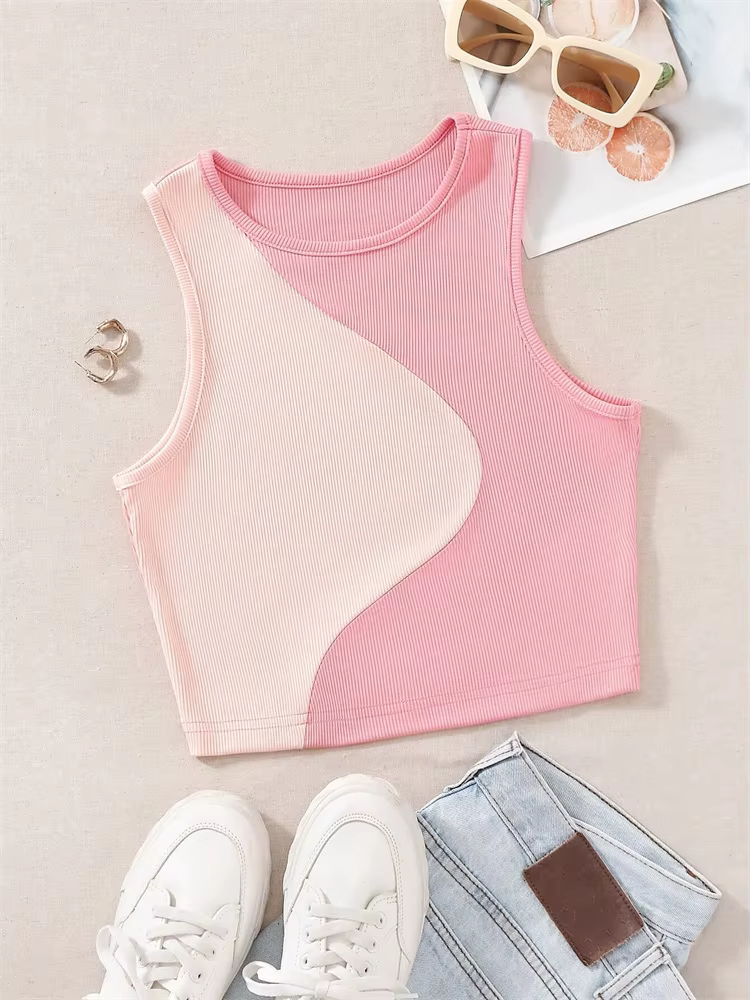 Débardeur rose en tricot côtelé pour femmes, col rond, sans manches, mignon bébé t-shirt Y2K, vêteme