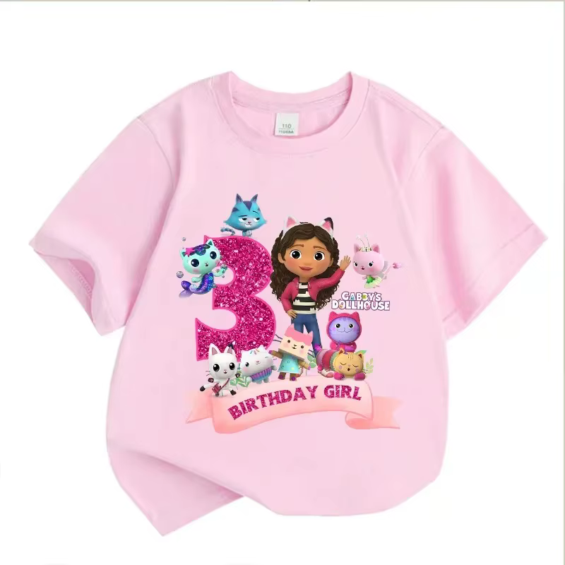 T-shirt d'anniversaire Gabbys Dollhouses pour filles, blanc et rose, à manches courtes, en coton, dé