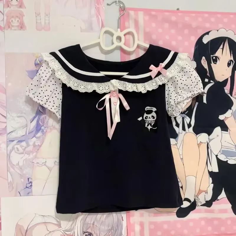 Japonais Y2k dentelle T-shirt femmes Kawaii dessin animé broderie graphique t-shirts Harajuku mode d