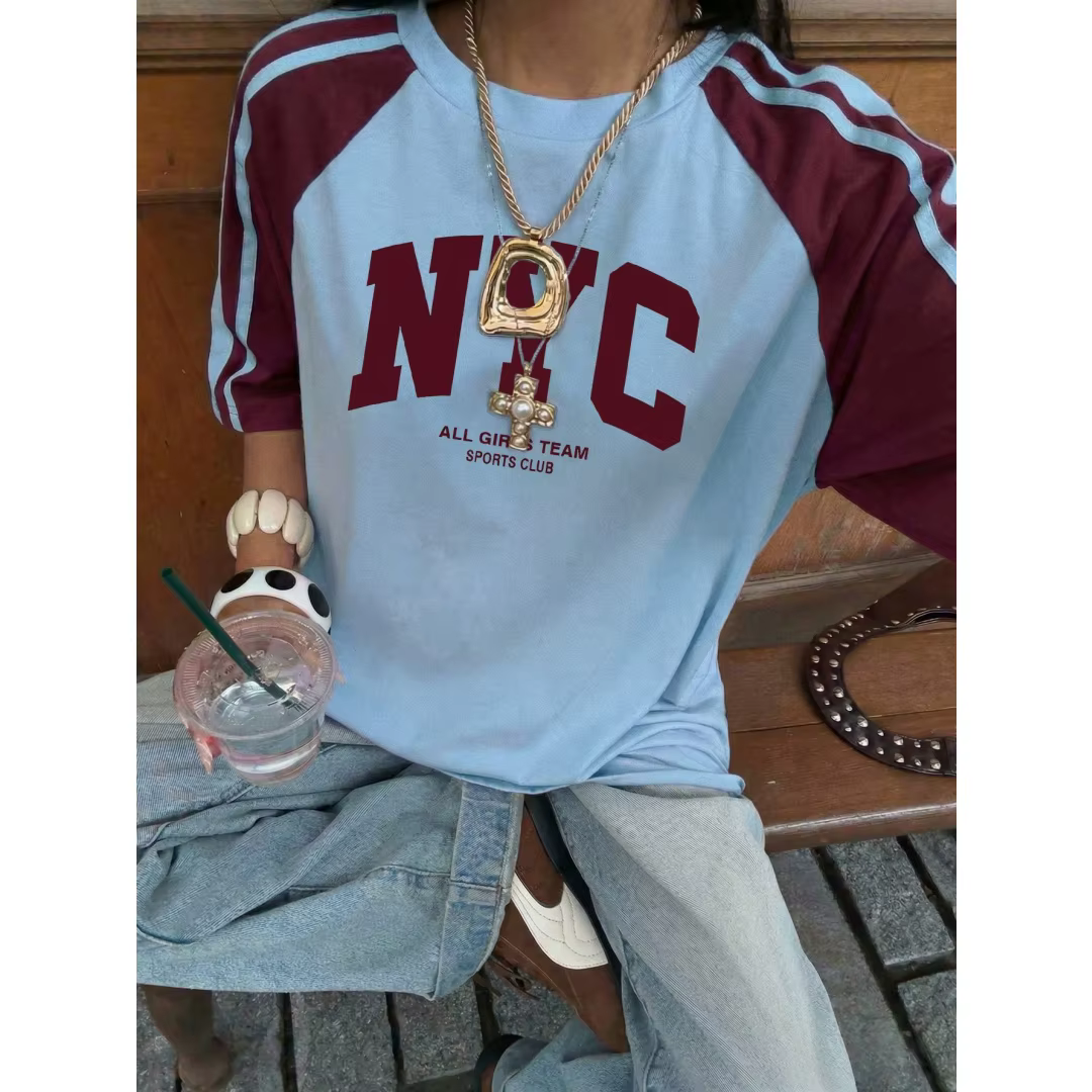 T-shirt à manches raglan pour femme, imprimé lettres, décontracté, style preppy, élégant, rétro, spo