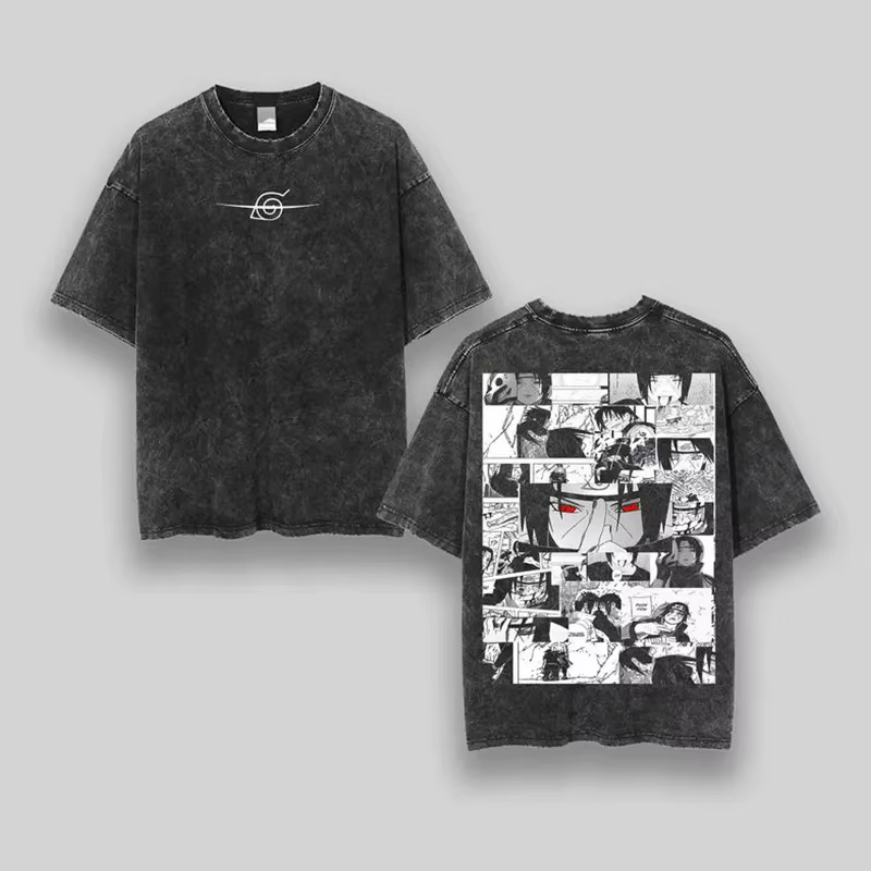 T-shirt Itachi Manga Panel pour Homme, en Coton, avec Impression au Dos Effet Délavé, Motif Anime Sh