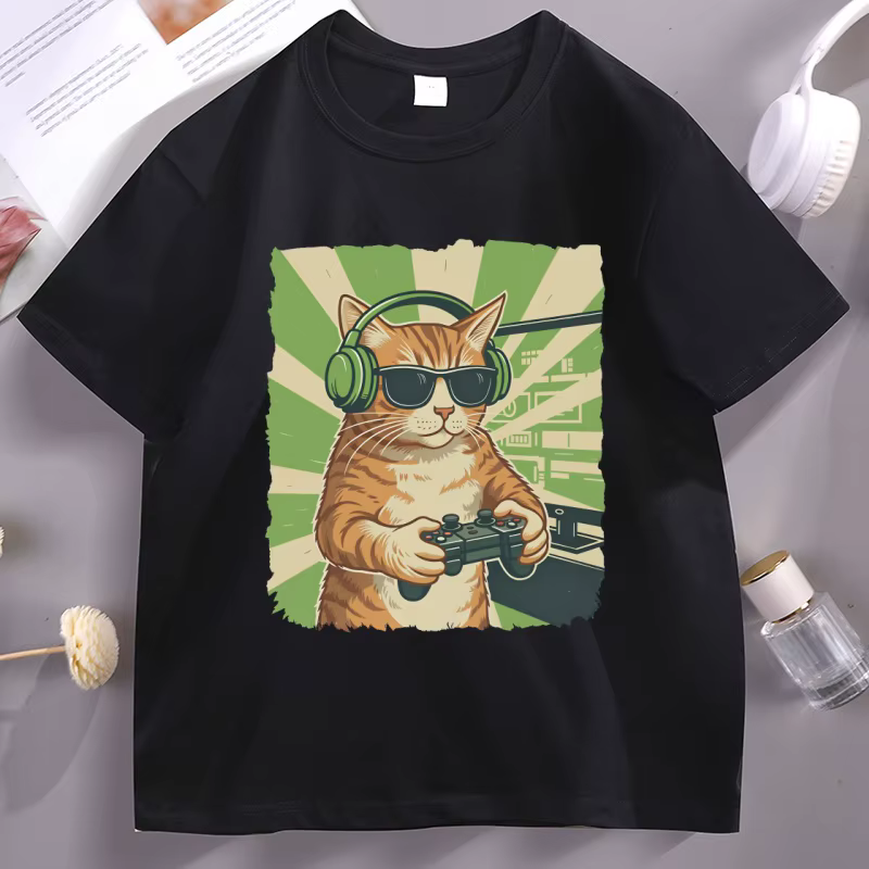 Gamer chat T-Shirt jeu vidéo chat T-Shirt drôle graphique T-Shirt chat papa à manches courtes T-Shir