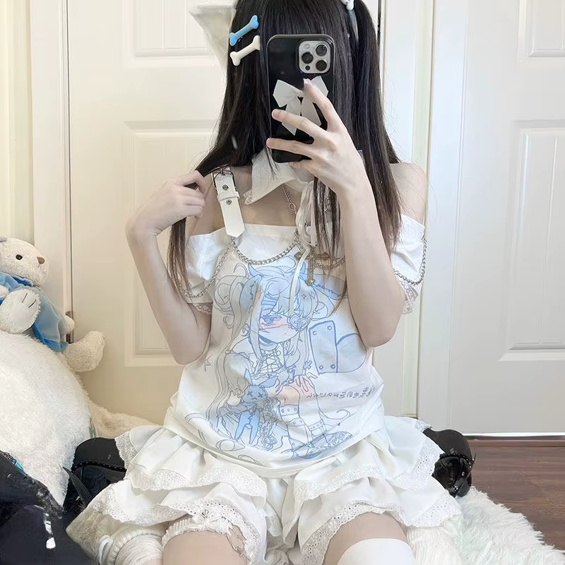 Économie College de dessins animés japonais pour femmes, T-shirt Harajuku Kawaii, Dégradé, Décontrac