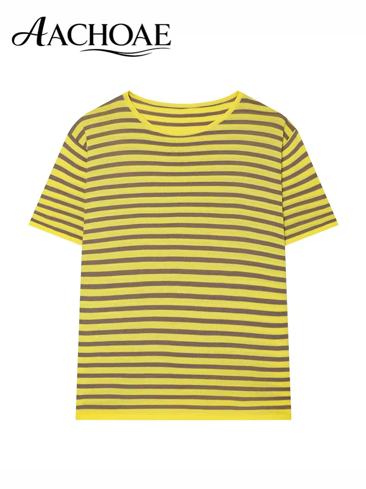AACHOAE T-shirt en tricot rayé pour femme, manches courtes, col rond, décontracté, léger, pull d'été