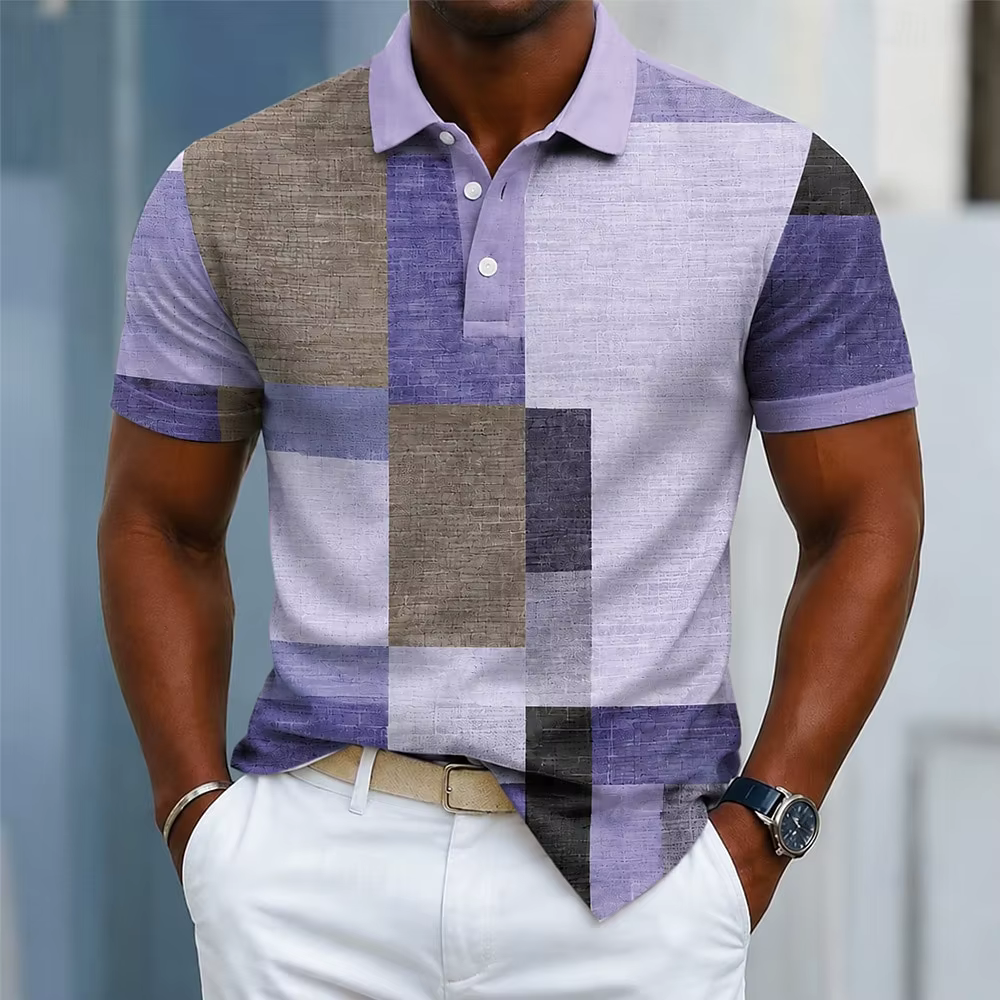 Polo à carreaux marron et violet pour homme, hauts décontractés pour le printemps et l'été, streetwe