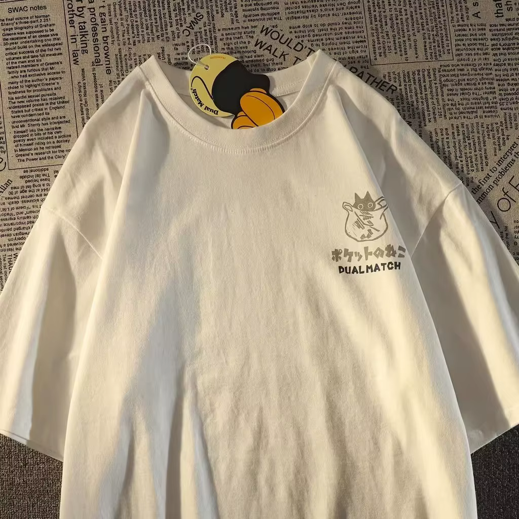 Été japonais rétro poche chat dessin animé imprimé à manches courtes T-shirt hommes femmes Couples u