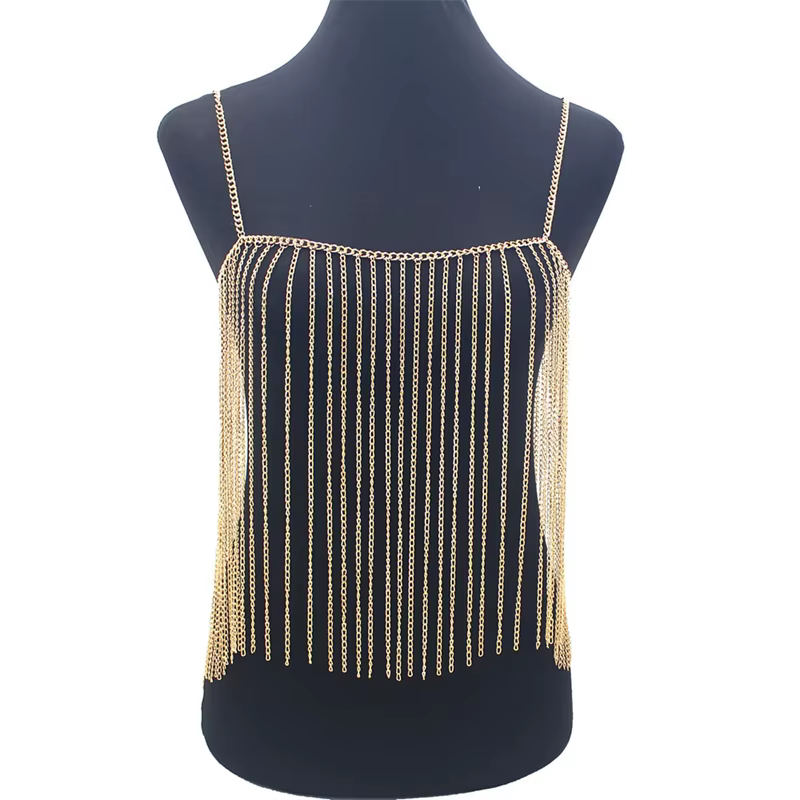 Haut à bretelles spaghetti avec pompons en métal, chaîne de poitrine, bijoux sexy Lingerie femme