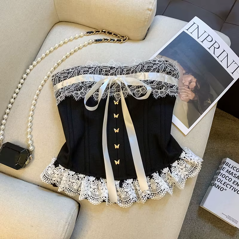 MEXZT Débardeur rose à nœud pour femme, style streetwear, camisole noire en dentelle sans bretelles,