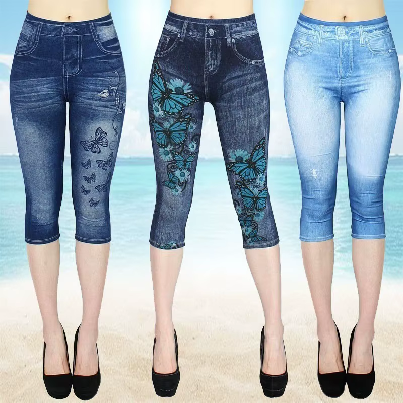 Femmes imprimer Imitation Denim Leggings maigre extensible pantacourt en plein air Jogging marche mo