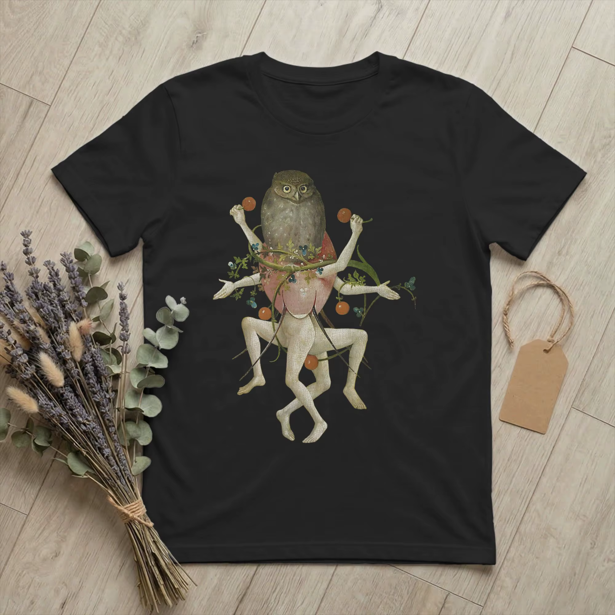 T-shirt pour hommes, en coton, à manches courtes, col rond, avec motif Hibou de Hieronymus Bosch, Th