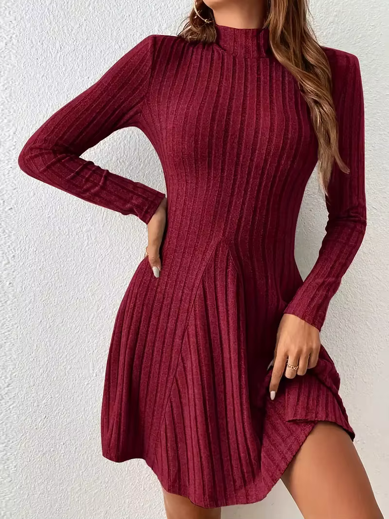 Robe trapèze à manches longues et col mi-haut pour femmes, coupe cintrée, taille cintrée