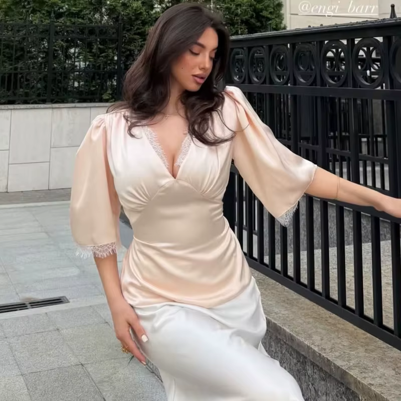 Talenza – chemise en dentelle pour femmes, hauts décontractés et sexy à col en v, en Satin, patchwor
