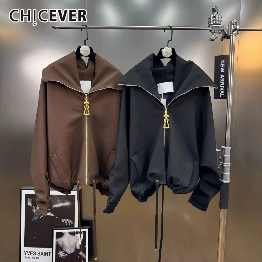 CHICEVER Solide Tempérament Lâche Sweatshirt pour Femmes Revers Spliced Zipper À Manches Longues Bas