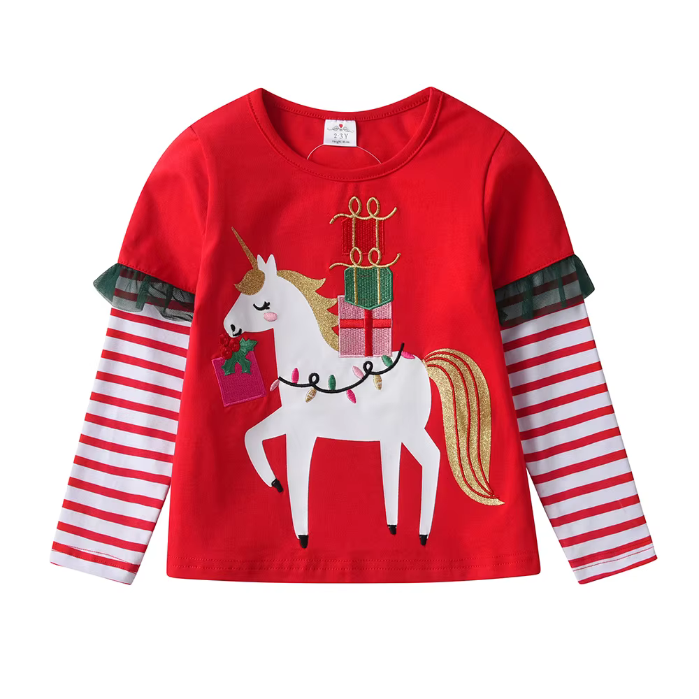 VIKITA-T-shirt Rayé à Manches sulfen Coton pour Fille, Décontracté, avec Appliques, Cadeau de Noël e