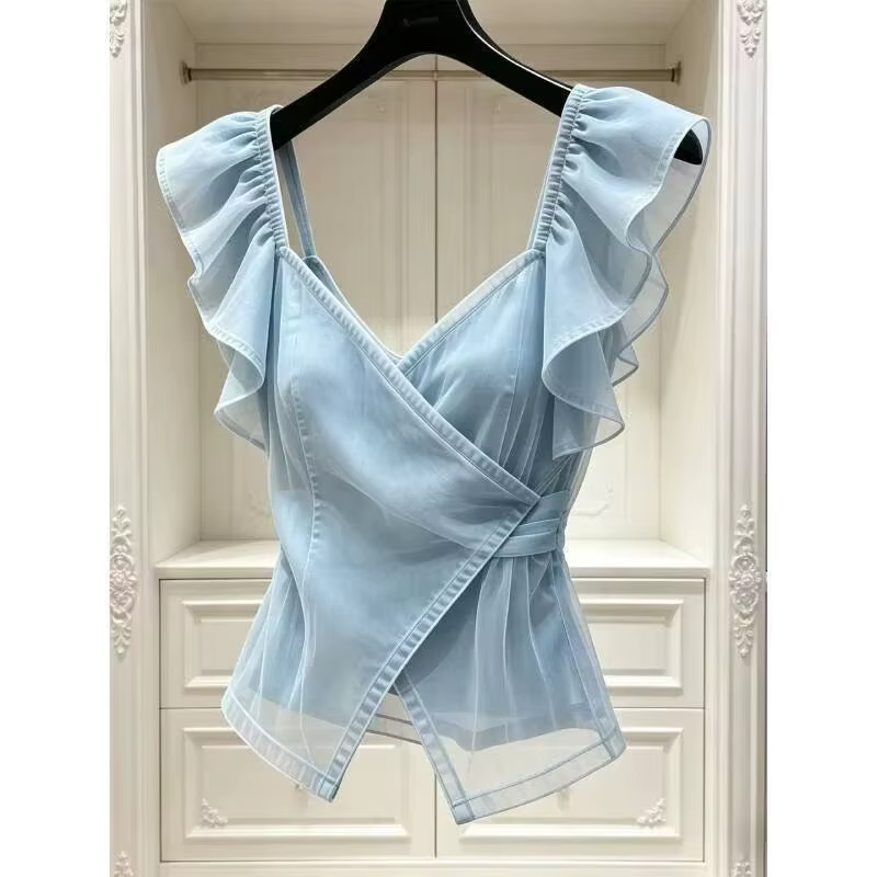 T-shirt élégant bleu à col en V pour femme, nouvelle collection été 2026, léger, à manches volantées