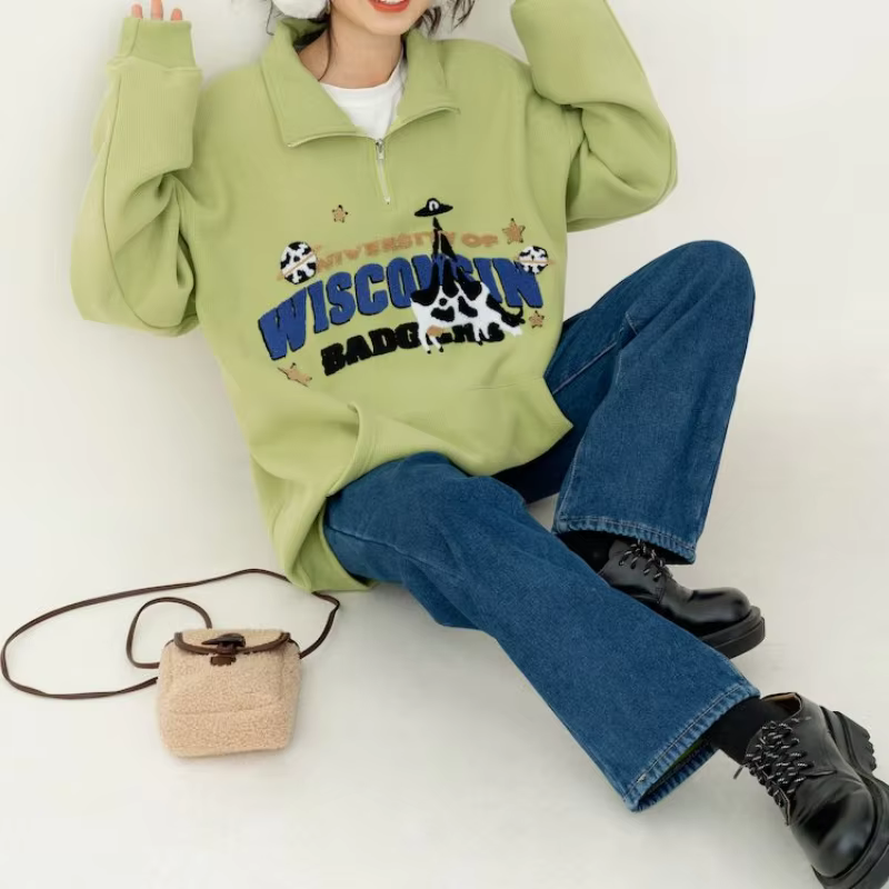 Avocat vert mignon vache broderie POLO sweat demi fermeture éclair ample décontracté étudiants fille