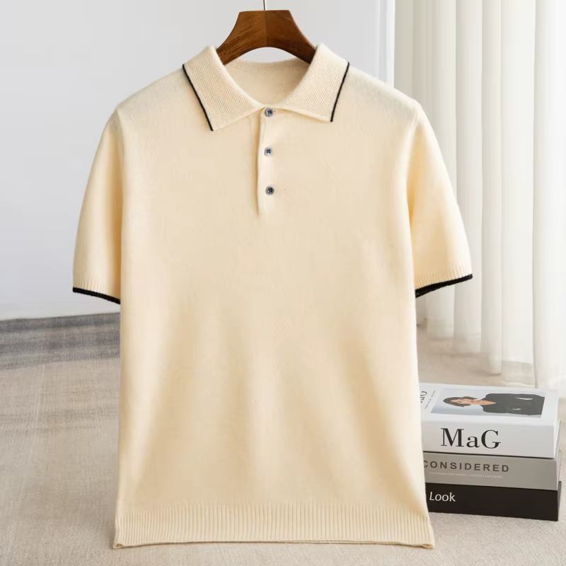 Pull en laine pure à col polo pour homme, manches courtes, tricoté, nouvelle collection printemps-au