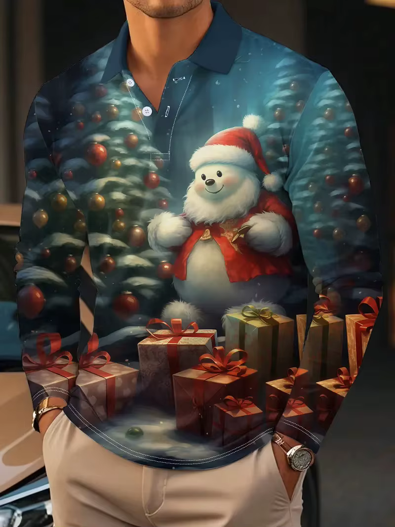 Polo à manches longues pour hommes, imprimé complet, graphique de Noël, chemises de golf à col rabat