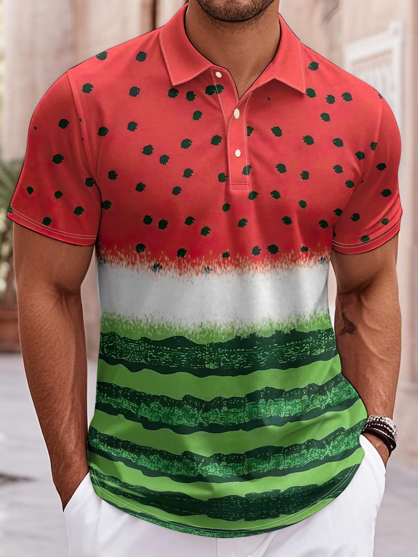 Nouveau style été 2026 : Polo homme à manches courtes avec imprimé pastèque 3D pour un look décontra