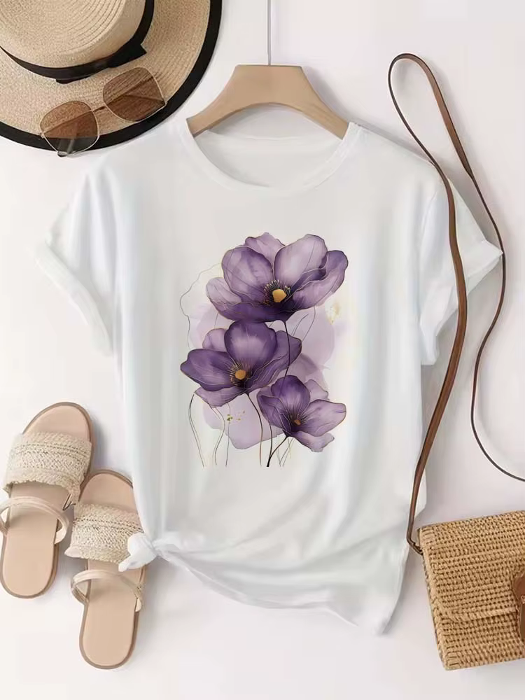 T-shirt femme violet aquarelle fleurs imprimé T petit haut filles Y2k vêtements été à manches courte
