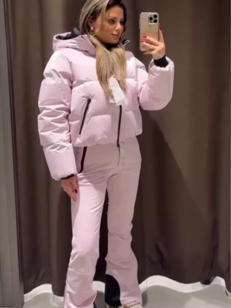 HH femmes mode poche fermeture éclair manches longues à capuche ski coton rembourré cordon veste + t