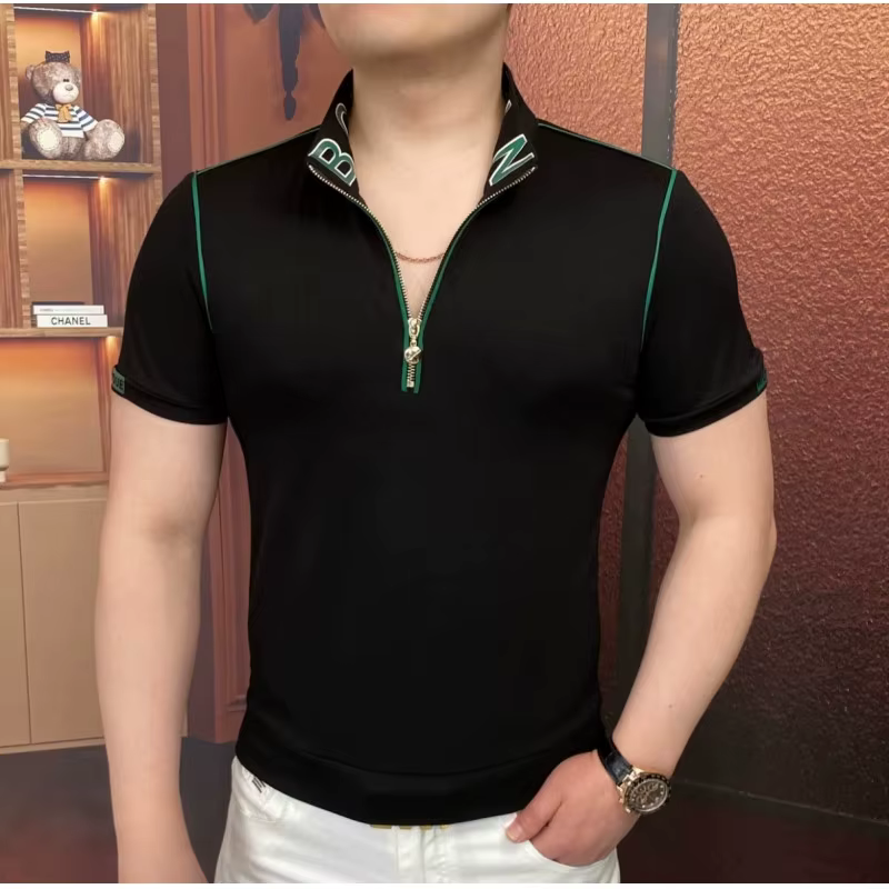 Polo brodé à col pour homme, coupe ajustée, manches courtes, décontracté, pour affaires et occasions