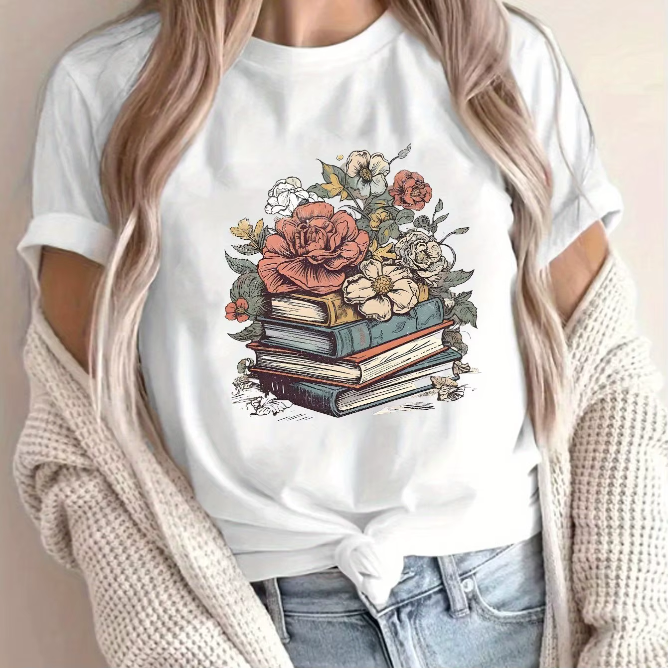 T-shirt pour femme avec imprimé floral sur des livres, cadeau pour les amoureux des livres, t-shirt 
