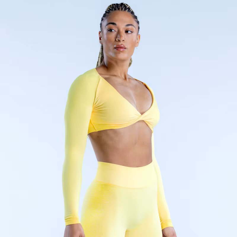 Haut de yoga court pour femme à col en V profond, t-shirt de sport court à manches longues, style no