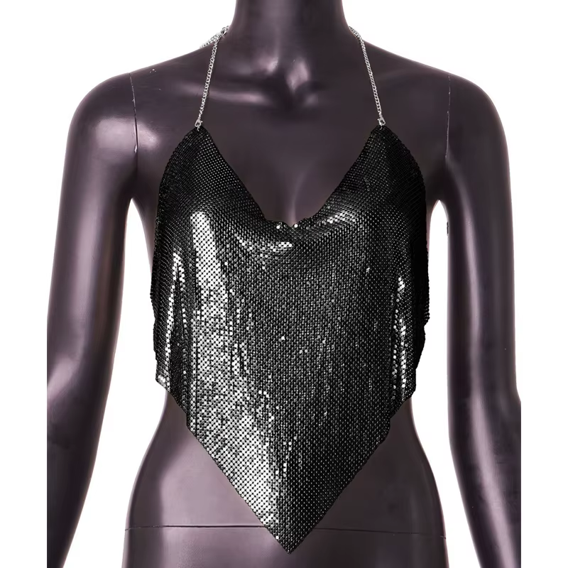 Débardeur pour femme, haut court dos nu en maille métallique dorée, style licou, orné de strass étin