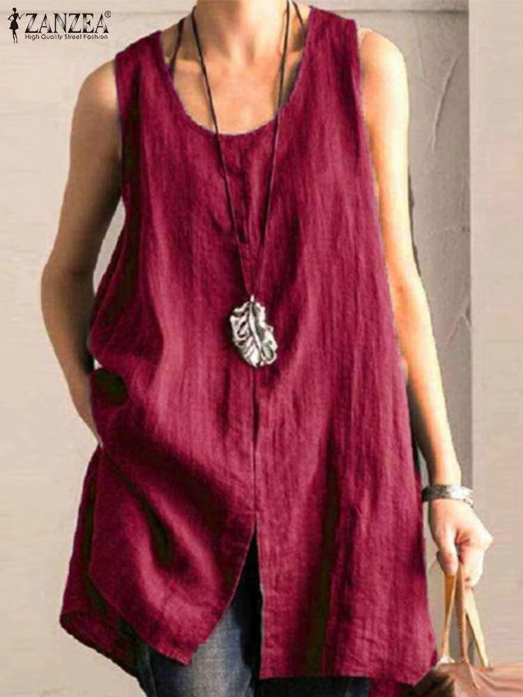 ZANZEA-Débardeur à ourlet fendu pour femme, chemise en coton, mode d'été, vintage, solide, chemise d