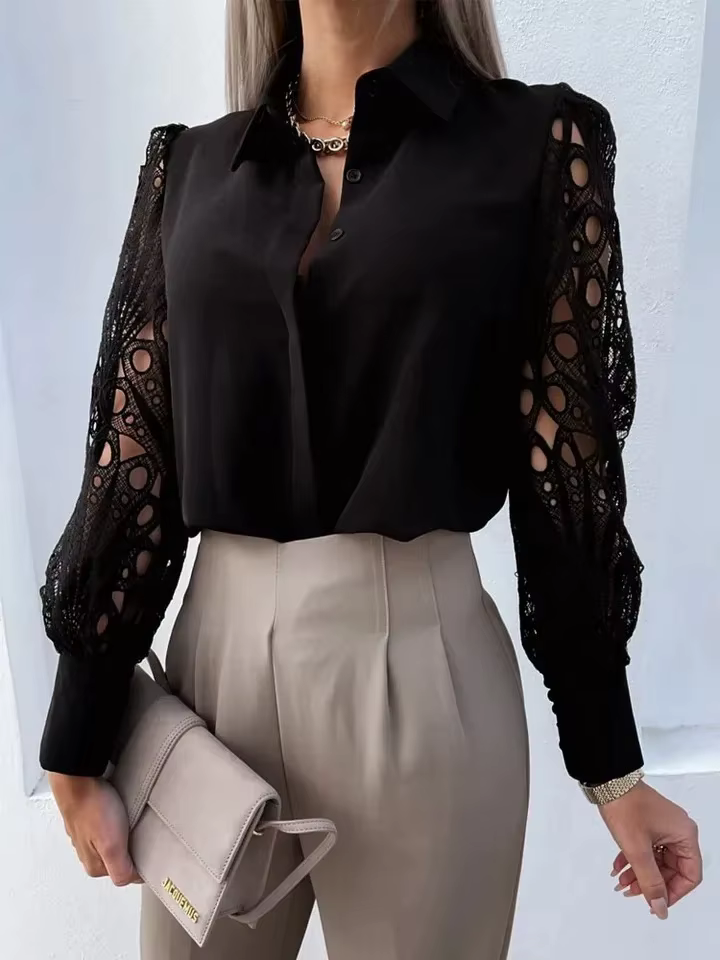 Blanc Sexy dentelle évider femmes Blouse automne printemps haut noir Vintage boutonné chemises à man