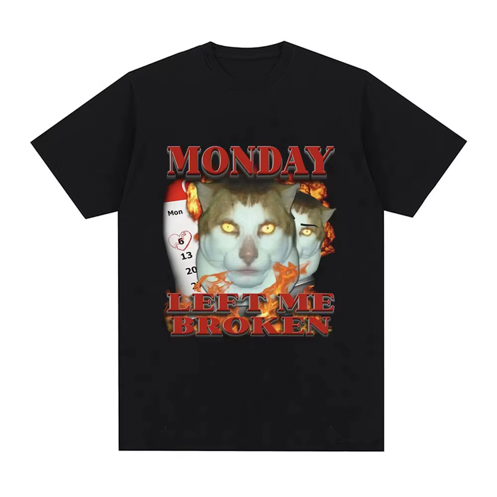 T-shirt graphique humoristique « Funny Monday Left Me Broken Cat Meme » pour homme, en coton, décont
