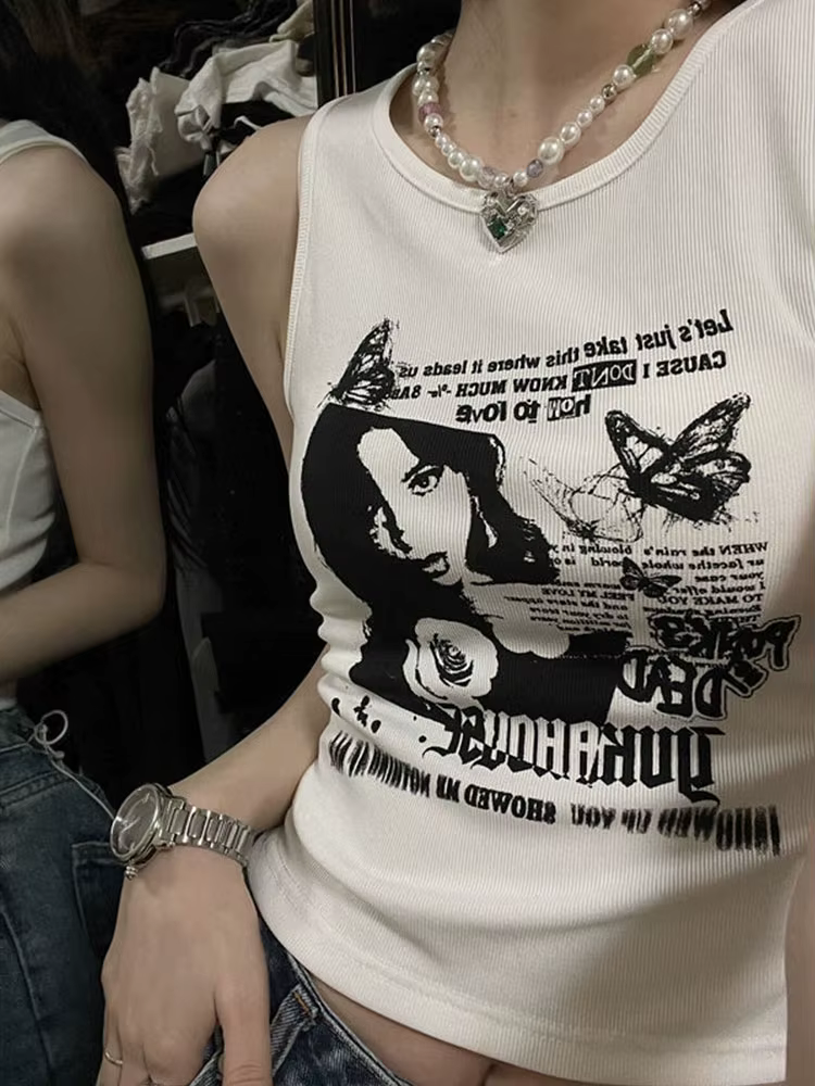 Y2k – débardeur Sexy sans manches imprimé Grunge pour femmes, gilet en tricot côtelé, Streetwear, vê
