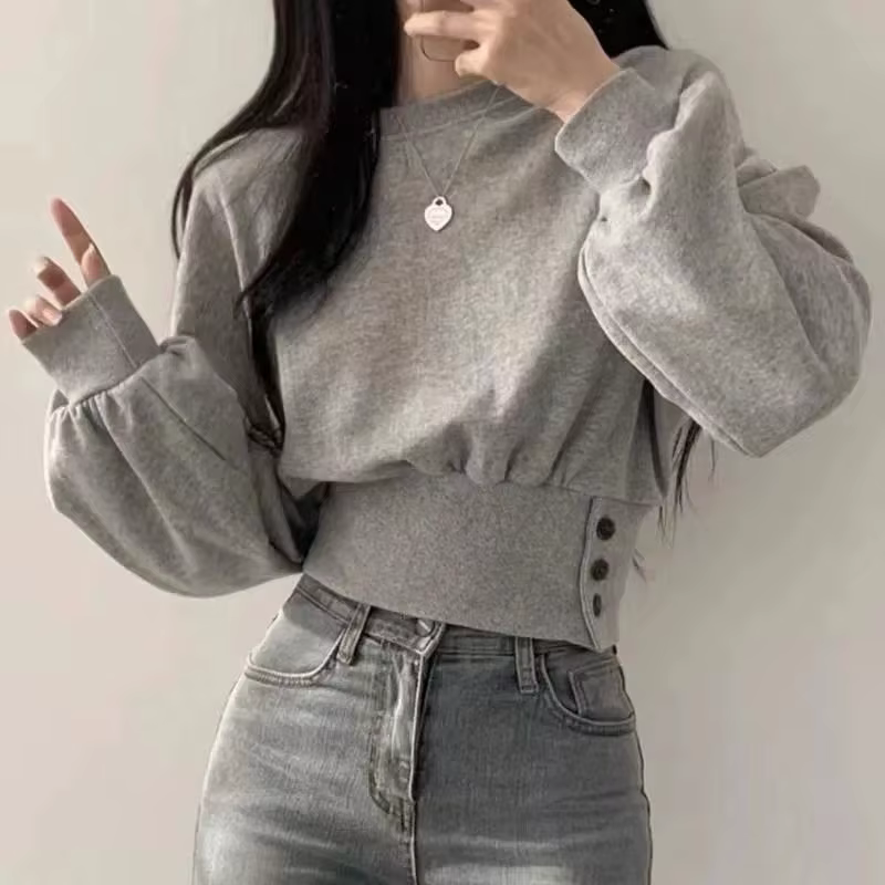 Haut court à col rond pour femme, couleur unie, manches lanternes, avec boutons, pull sportif Hip-Ho